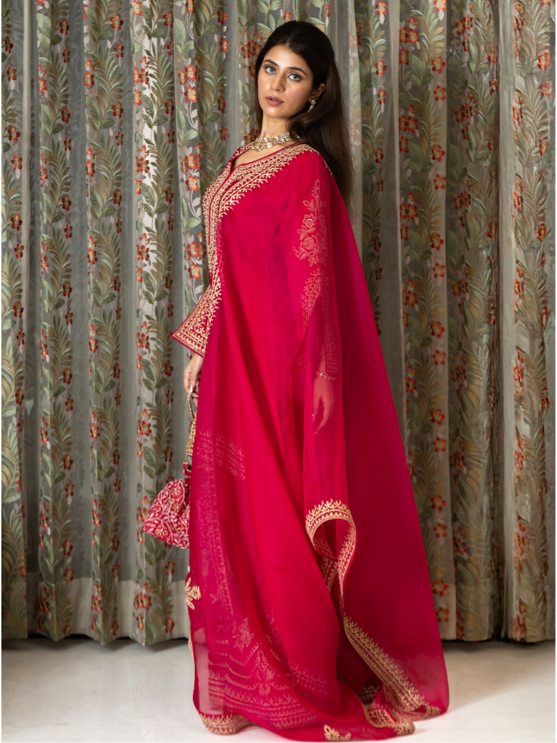 Adhira Mul Chanderi Dori Embroidered Sharara Set – Crimson Red