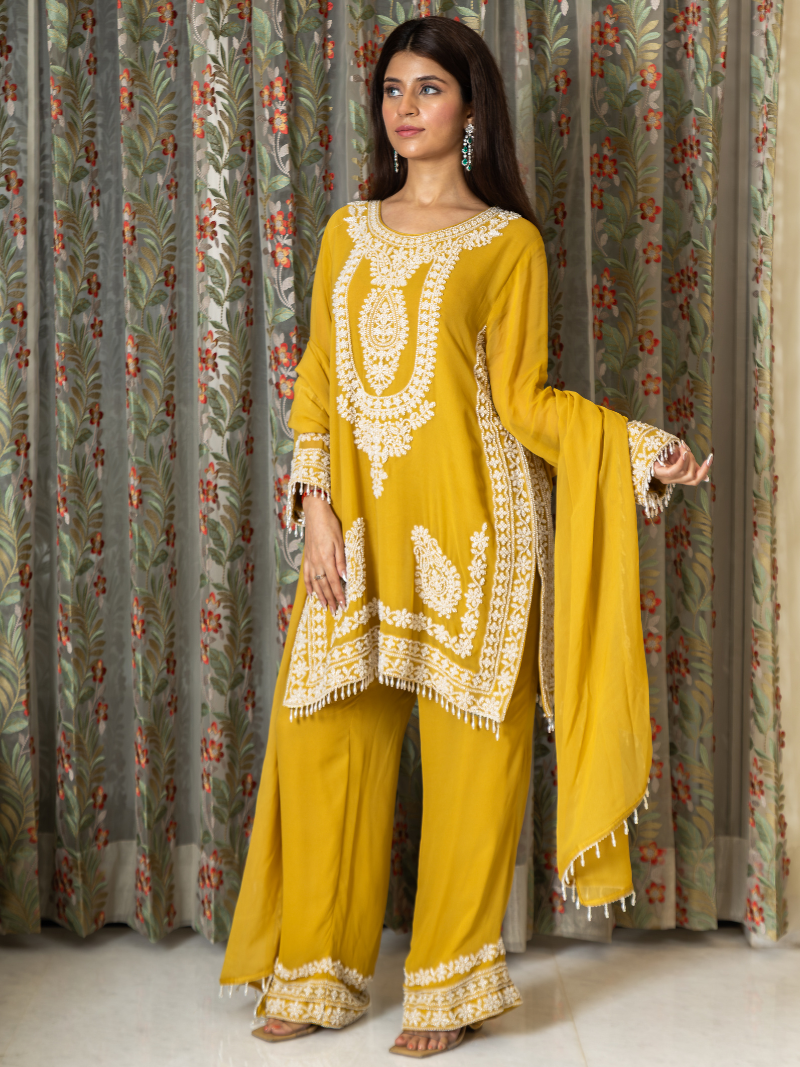 Nayira Georgette Embroidered Kurta Set – Sunset Mustard