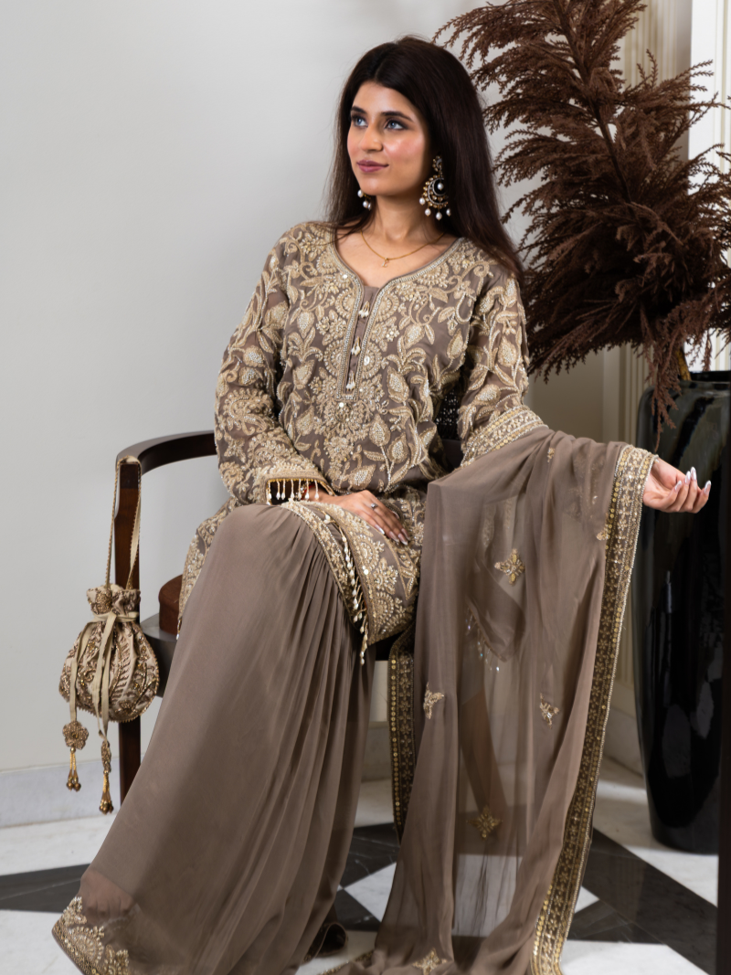 Saher Pure Georgette Handworked Garara Set – Taupe Beige