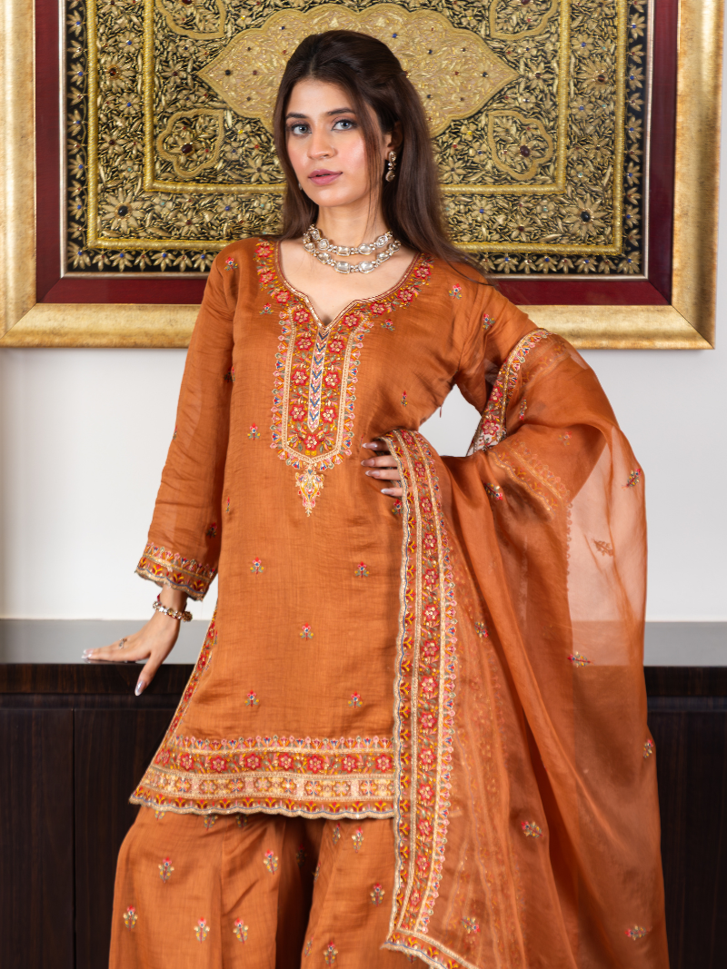 Inara Mul Chanderi Threadwork Garara Set – Terracotta