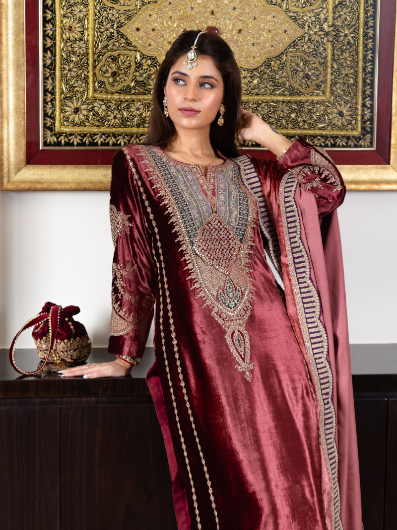 Fiza Velvet Embroidered Suit Set– Wine Red