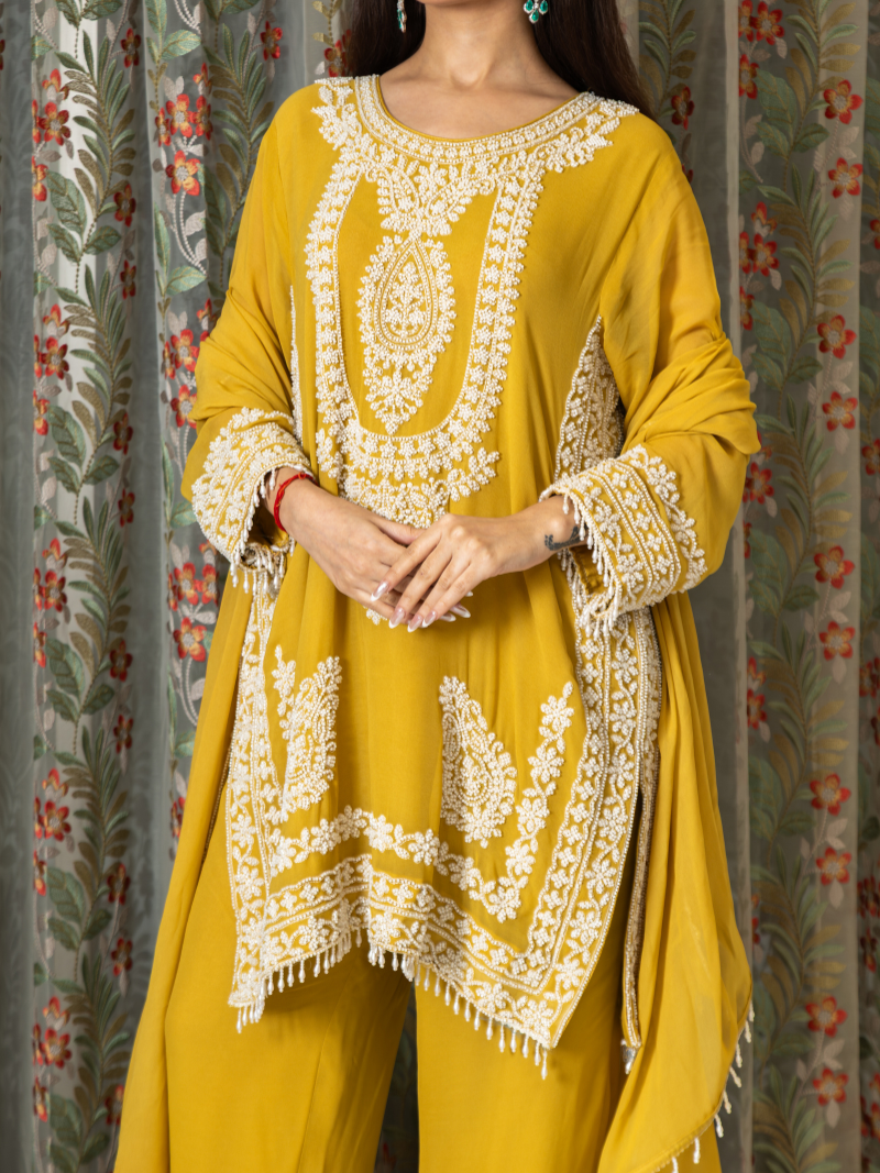 Nayira Georgette Embroidered Kurta Set – Sunset Mustard