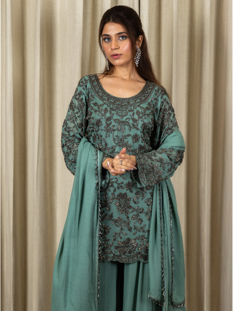Zayna Georgette Handcrafted Sharara Set – Pastel Teal