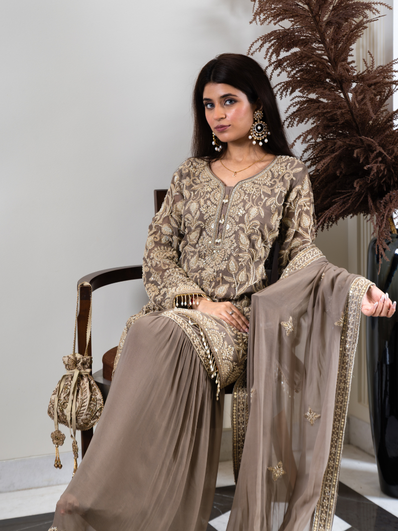 Saher Pure Georgette Handworked Garara Set – Taupe Beige
