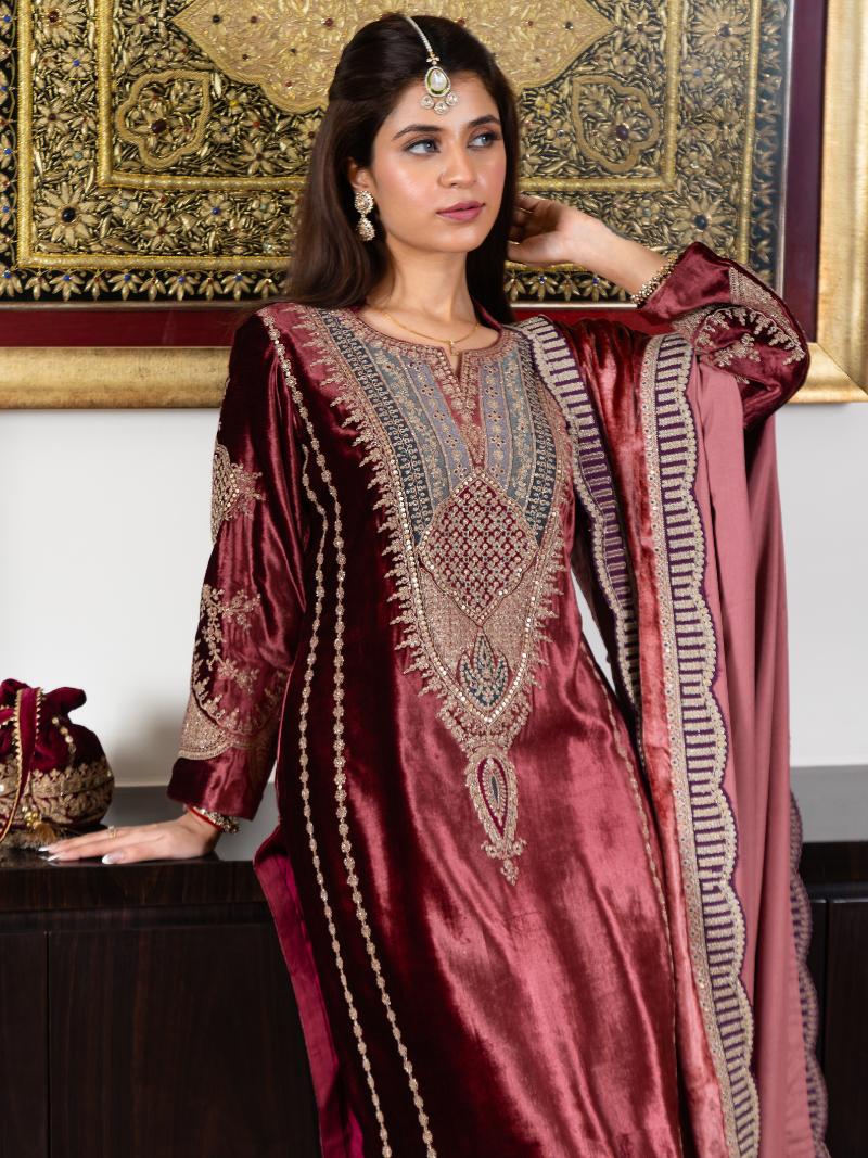 Fiza Velvet Embroidered Suit Set– Wine Red