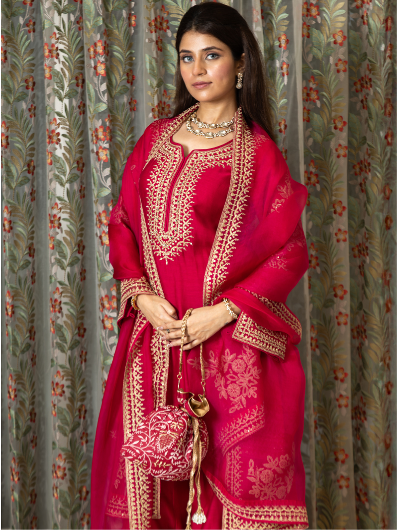 Adhira Mul Chanderi Dori Embroidered Sharara Set – Crimson Red