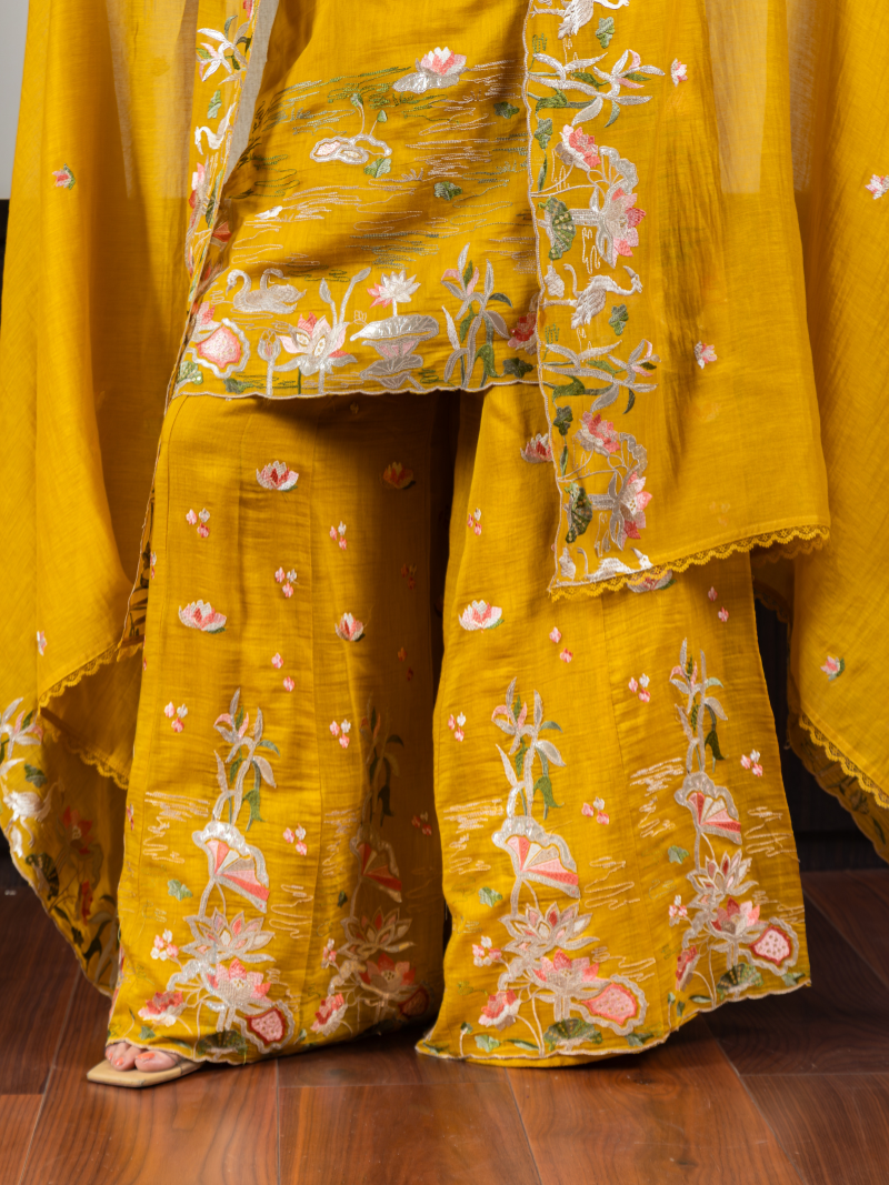 Noor Pure Mul Chanderi Embroidered Sharara Set – Sunflower Yellow
