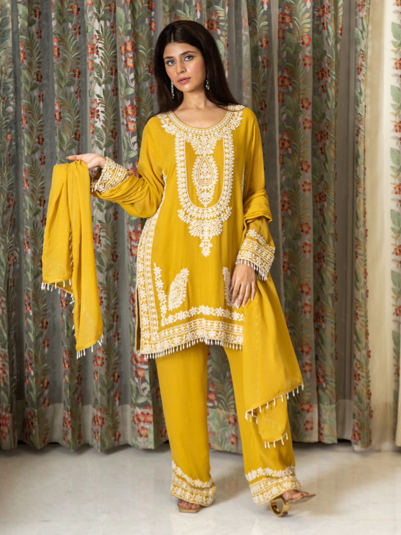Nayira Georgette Embroidered Kurta Set – Sunset Mustard