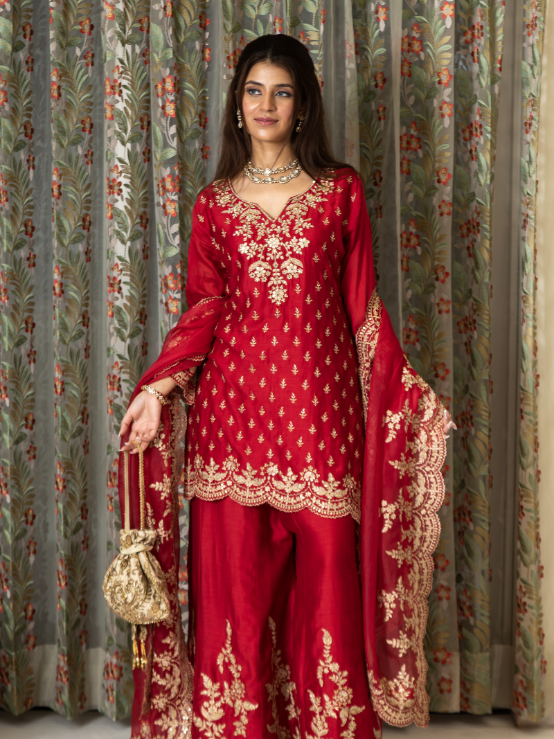 Aarini Mul Chanderi Dori Embroidered Sharara Set – Red