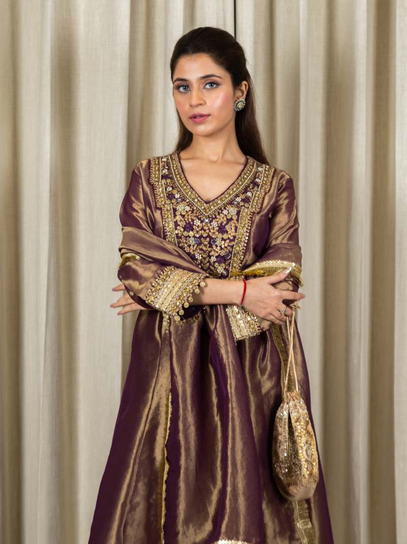 Reyna Kanchipuram Silk Embellished Kurta Set with Dupatta - Deep Wine
