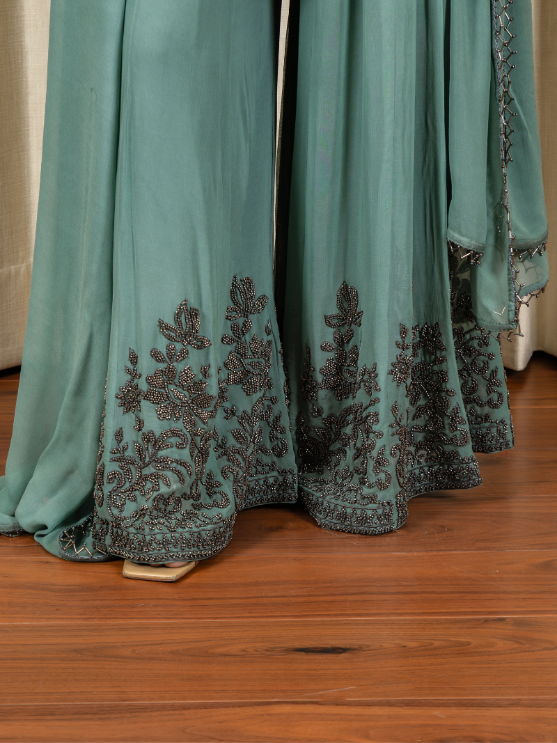 Zayna Georgette Handcrafted Sharara Set – Pastel Teal