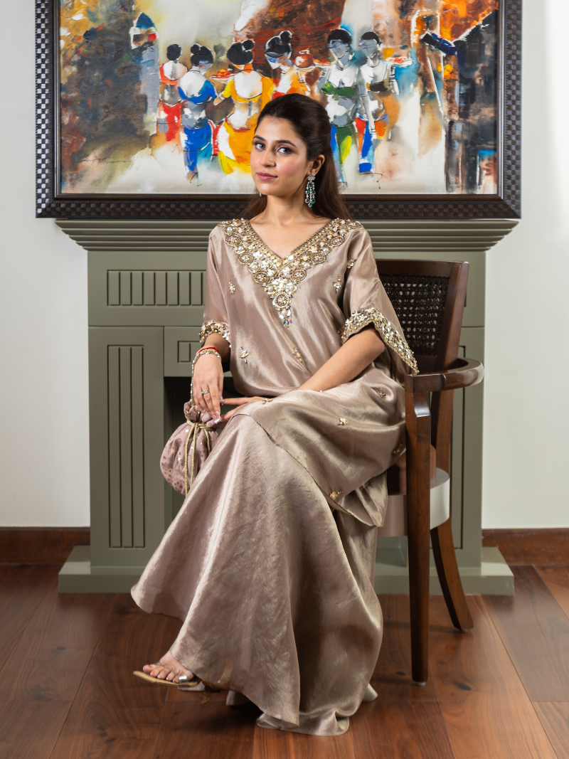 Inaaya Kanchipuram Silk Kaftan Sharara Set – Taupe Beige