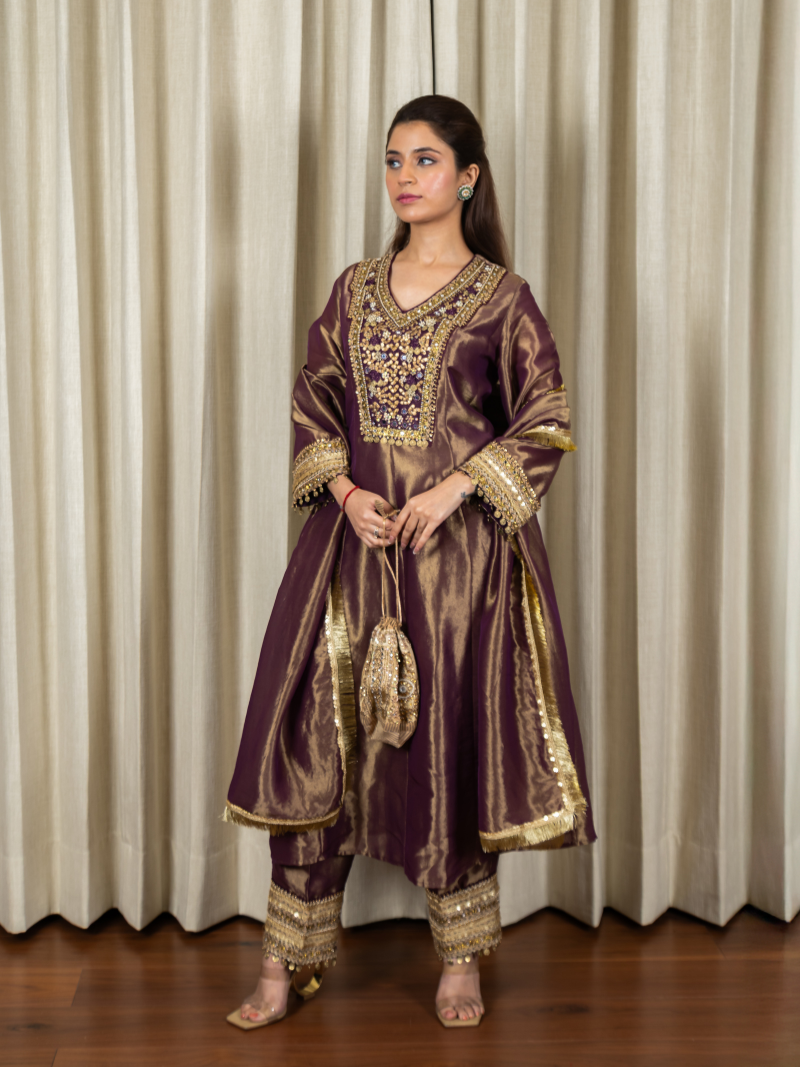 Reyna Kanchipuram Silk Embellished Kurta Set with Dupatta - Deep Wine