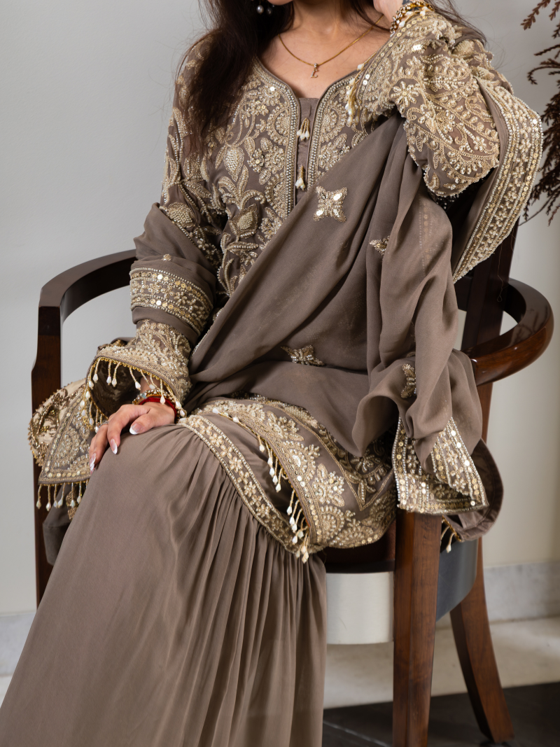 Saher Pure Georgette Handworked Garara Set – Taupe Beige