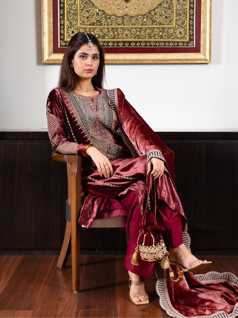 Fiza Velvet Embroidered Suit Set– Wine Red