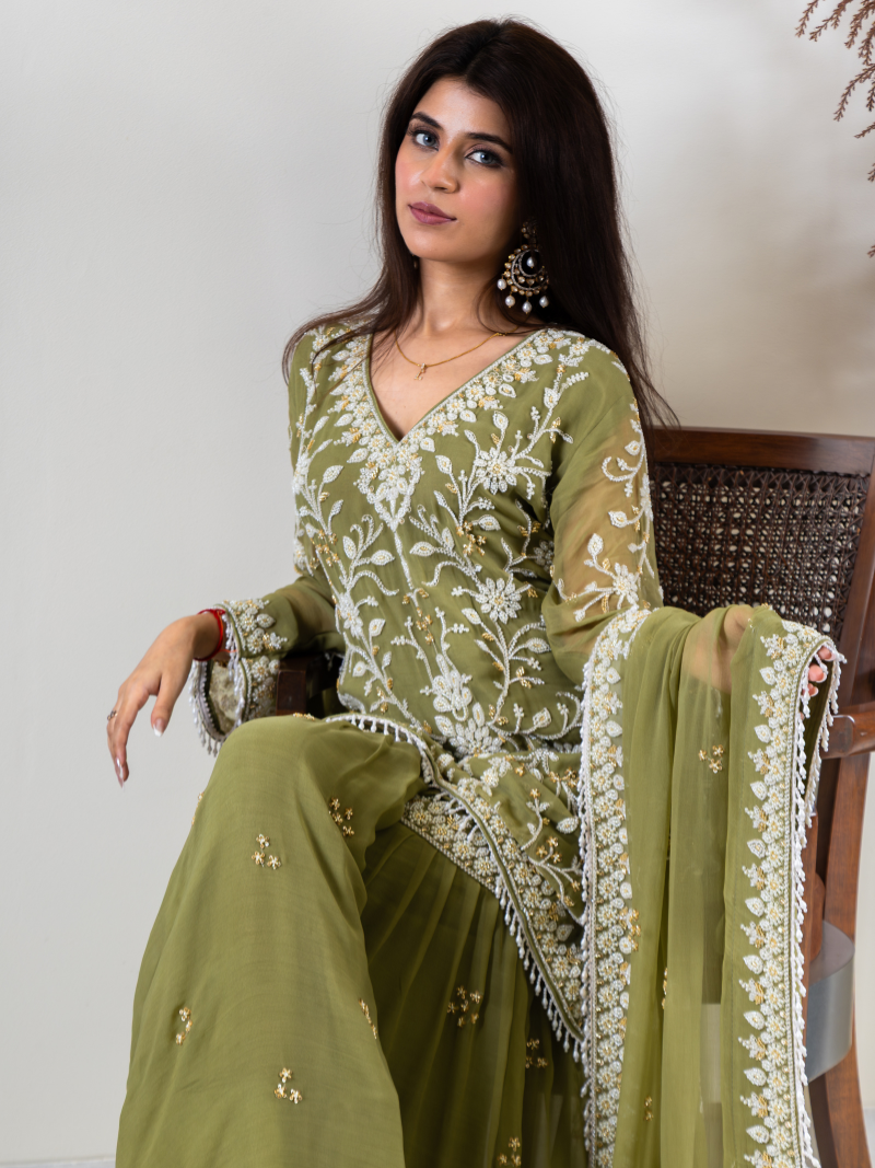 Aleya Pure Georgette Handworked Garara Set – Sage Green
