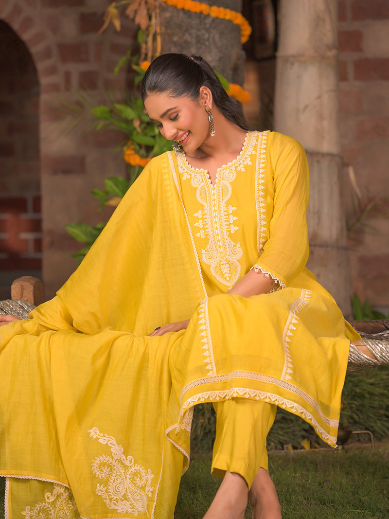 Aarohi Pure Mul Chanderi Embroidered Kurta Set with Dupatta - Sunflower Yellow