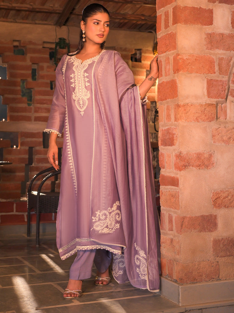 Aarohi Pure Mul Chanderi Embroidered Kurta Set with Dupatta - Lavender
