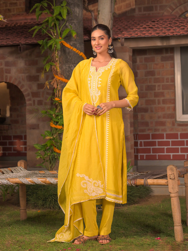 Aarohi Pure Mul Chanderi Embroidered Kurta Set with Dupatta - Sunflower Yellow
