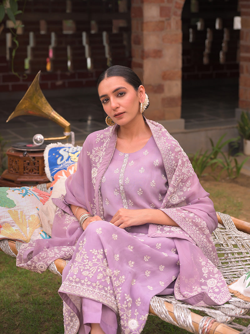 Ayana Organza Embroidered Kurta Set with Dupatta - Lavender