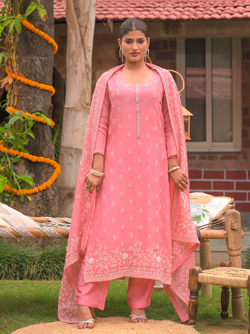 Ayana Organza Embroidered Kurta Set with Dupatta - Rose Pink