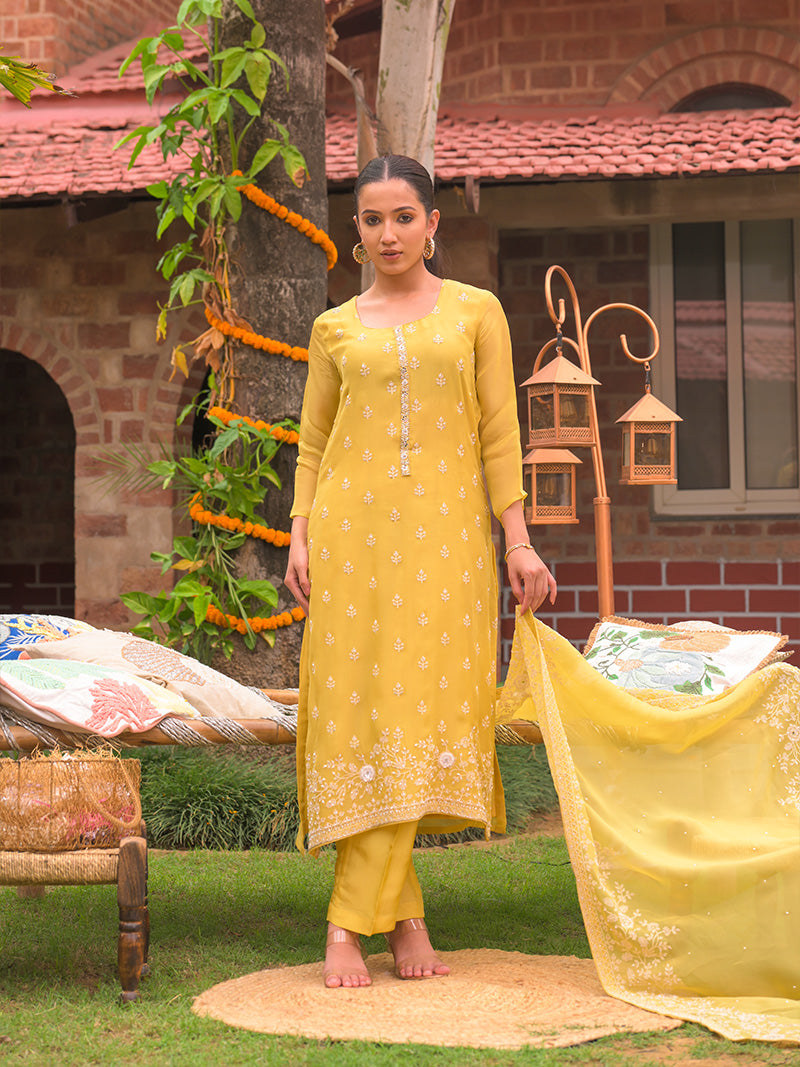 Ayana Organza Embroidered Kurta Set with Dupatta - Sunset Mustard