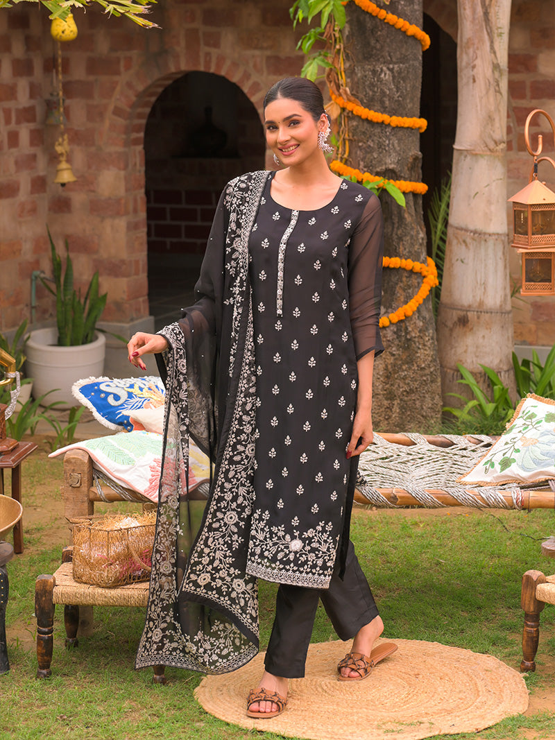 Ayana Organza Embroidered Kurta Set with Dupatta - Midnight Black