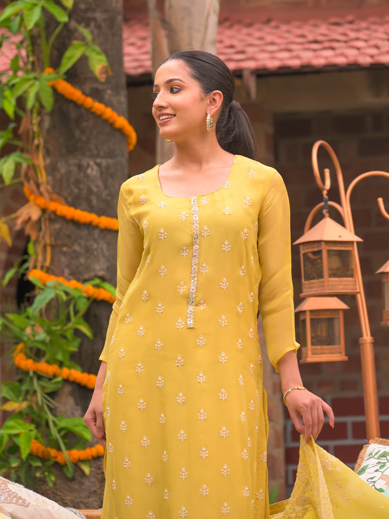 Ayana Organza Embroidered Kurta Set with Dupatta - Sunset Mustard