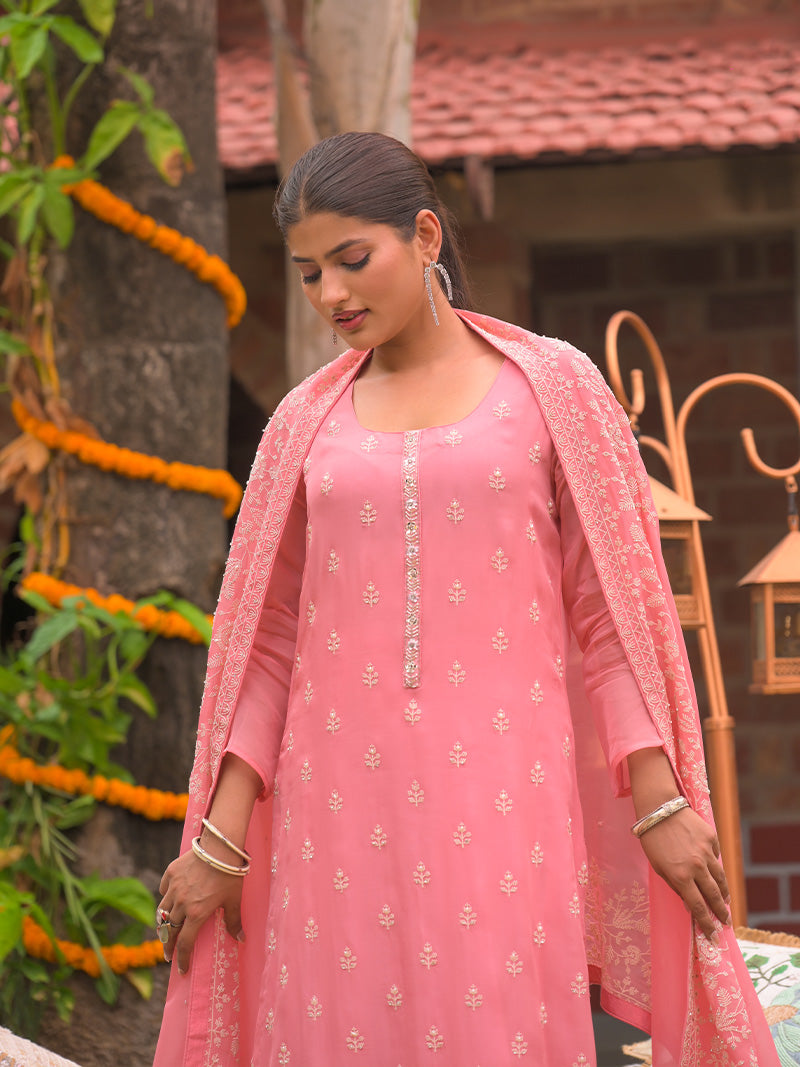 Ayana Organza Embroidered Kurta Set with Dupatta - Rose Pink