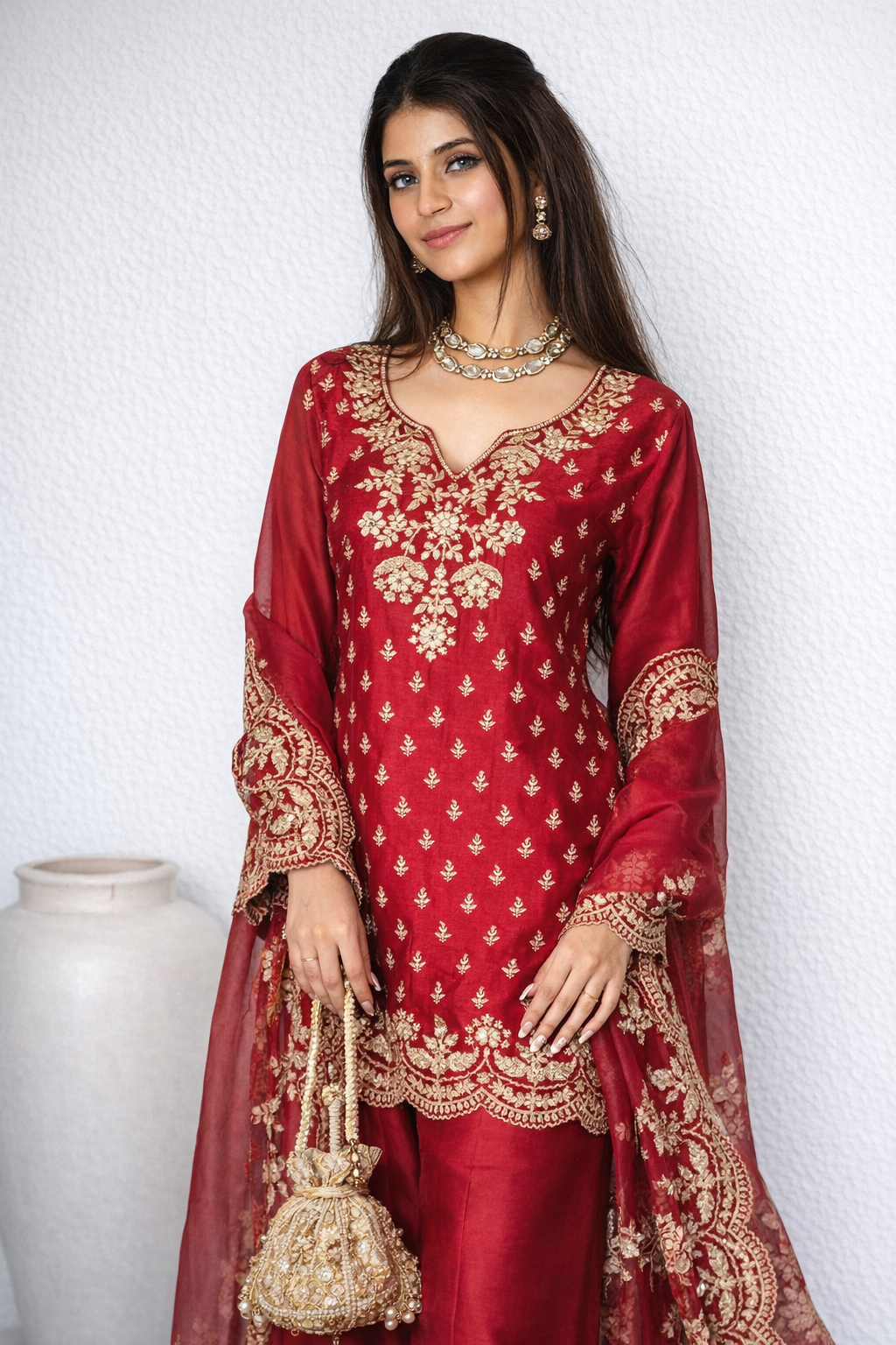Aarini Mul Chanderi Dori Embroidered Sharara Set – Red