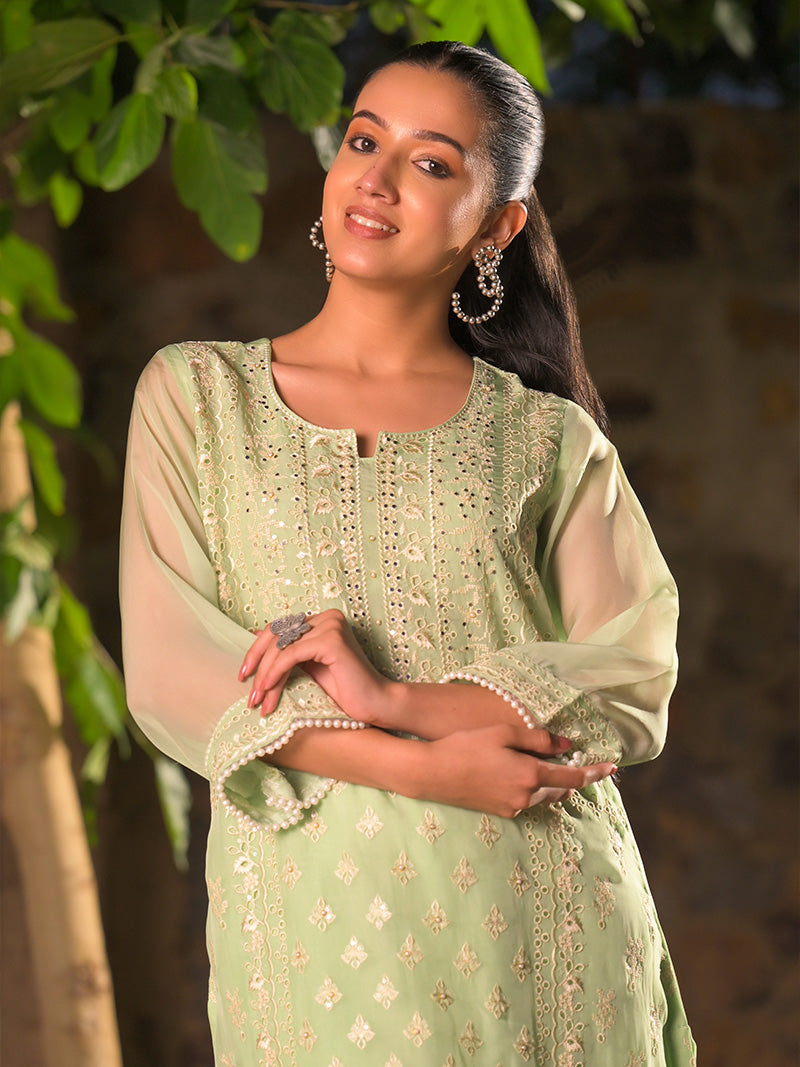 Kaira Embroidered Organza Kurta Set with Dupatta - Mint Bloom