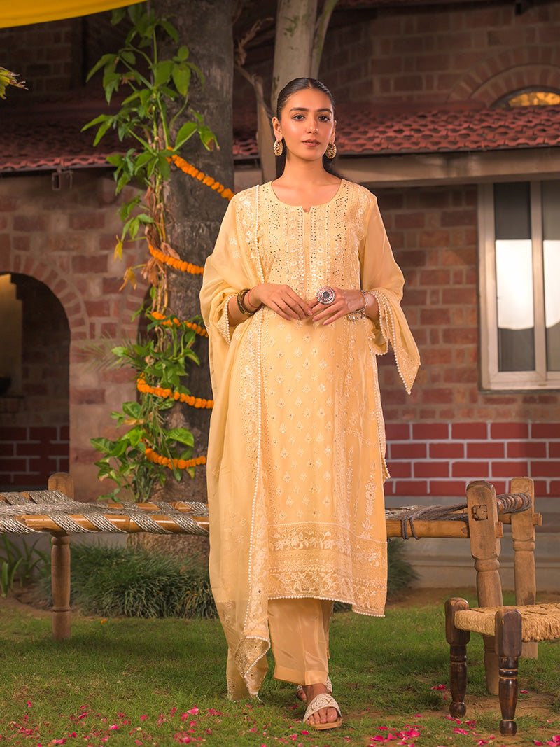 Kaira Embroidered Organza Kurta Set with Dupatta - Yellow