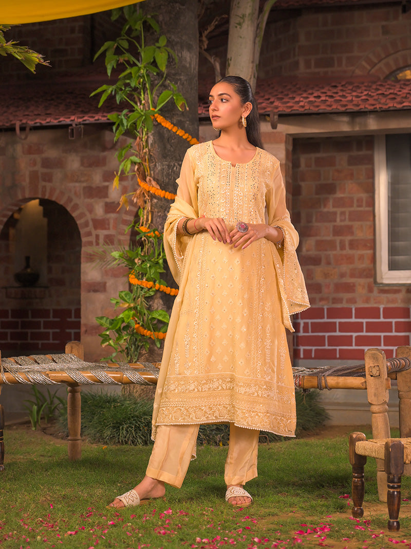 Kaira Embroidered Organza Kurta Set with Dupatta - Yellow