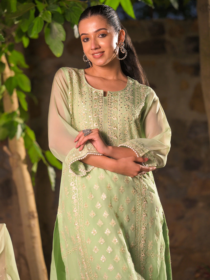 Kaira Embroidered Organza Kurta Set with Dupatta - Mint Bloom