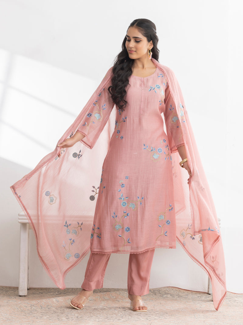 Kashvi Pure Mul Chanderi Embroidered Kurta Set with Dupatta - Blush Pink