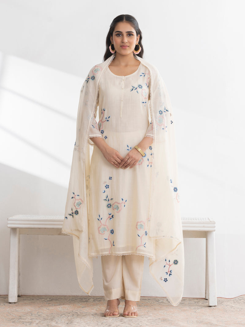 Kashvi Pure Mul Chanderi Embroidered Kurta Set with Dupatta - Ivory White