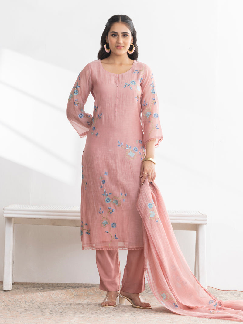 Kashvi Pure Mul Chanderi Embroidered Kurta Set with Dupatta - Blush Pink