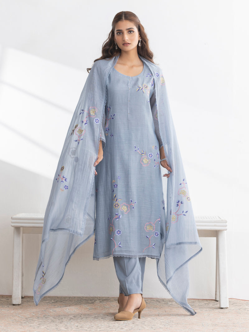 Kashvi Pure Mul Chanderi Embroidered Kurta Set with Dupatta - Powder Blue
