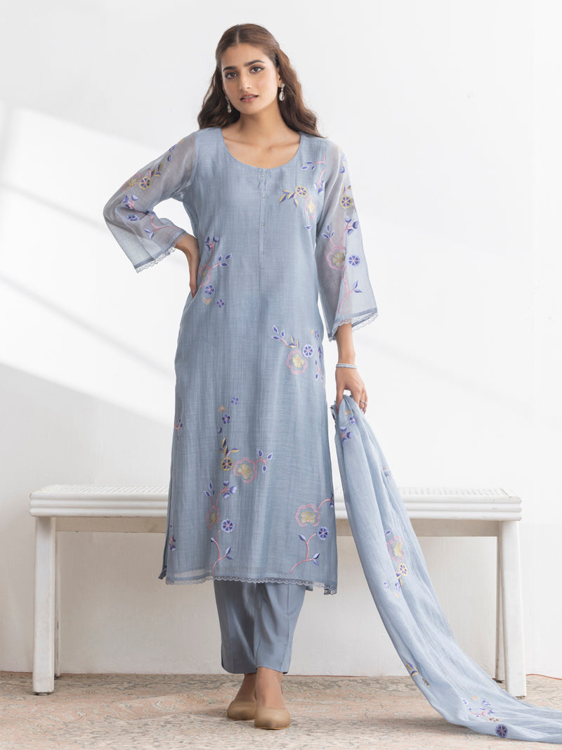 Kashvi Pure Mul Chanderi Embroidered Kurta Set with Dupatta - Powder Blue