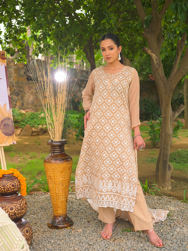 Mayra Pure Mul Chanderi Embroidered Kurta Set with Dupatta - Beige