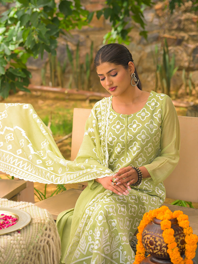 Mayra Pure Mul Chanderi Embroidered Kurta Set with Dupatta - Sunlit Lime