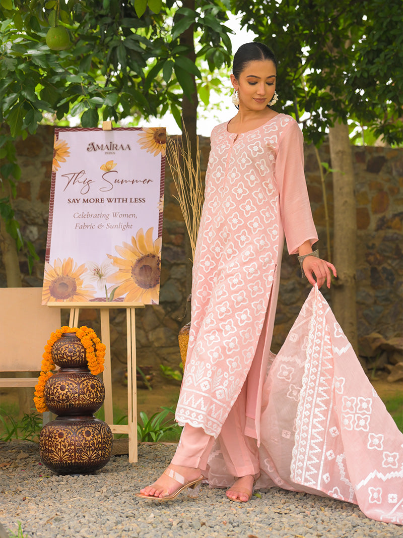 Mayra Pure Mul Chanderi Embroidered Kurta Set with Dupatta - Peachy Pink