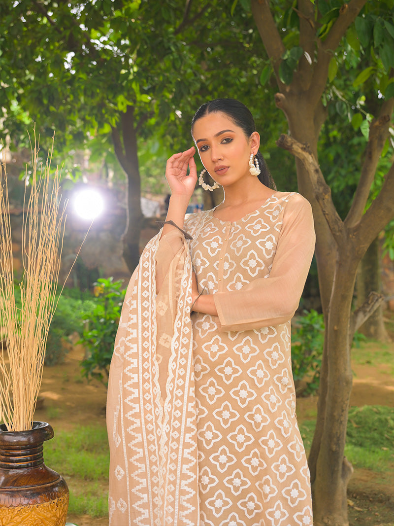 Mayra Pure Mul Chanderi Embroidered Kurta Set with Dupatta - Beige