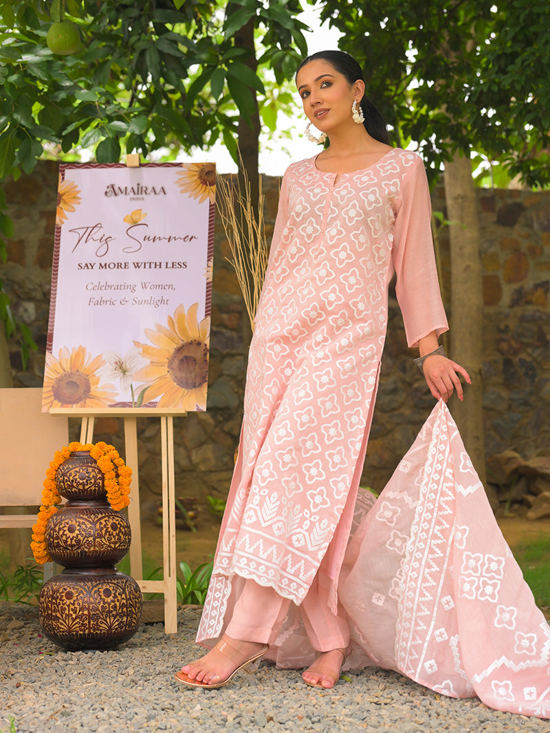 Mayra Pure Mul Chanderi Embroidered Kurta Set with Dupatta - Peachy Pink