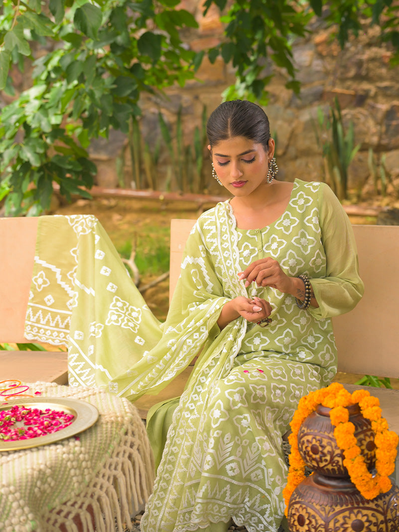 Mayra Pure Mul Chanderi Embroidered Kurta Set with Dupatta - Sunlit Lime