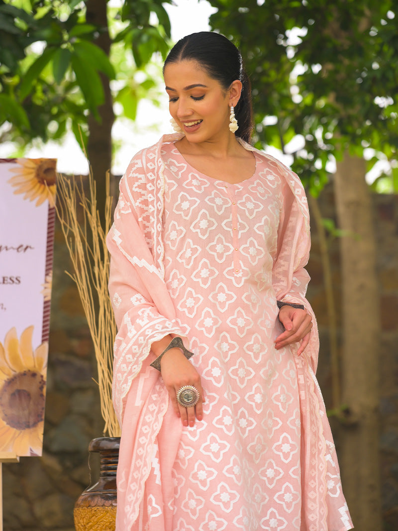 Mayra Pure Mul Chanderi Embroidered Kurta Set with Dupatta - Peachy Pink