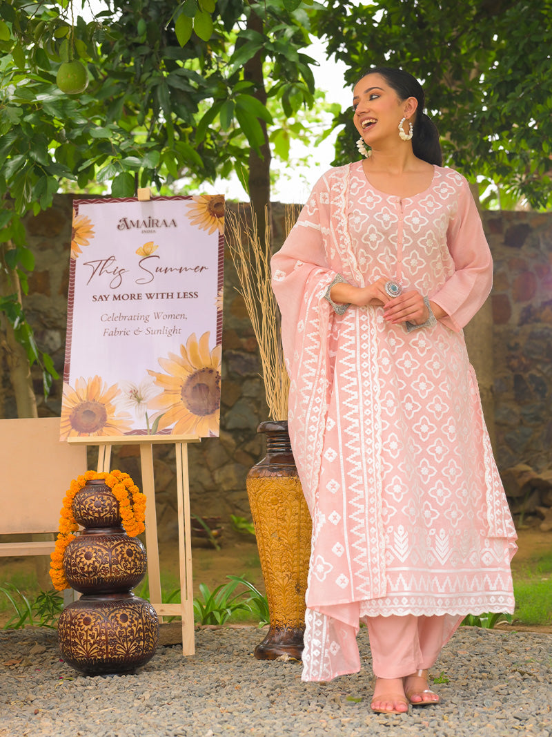 Mayra Pure Mul Chanderi Embroidered Kurta Set with Dupatta - Peachy Pink