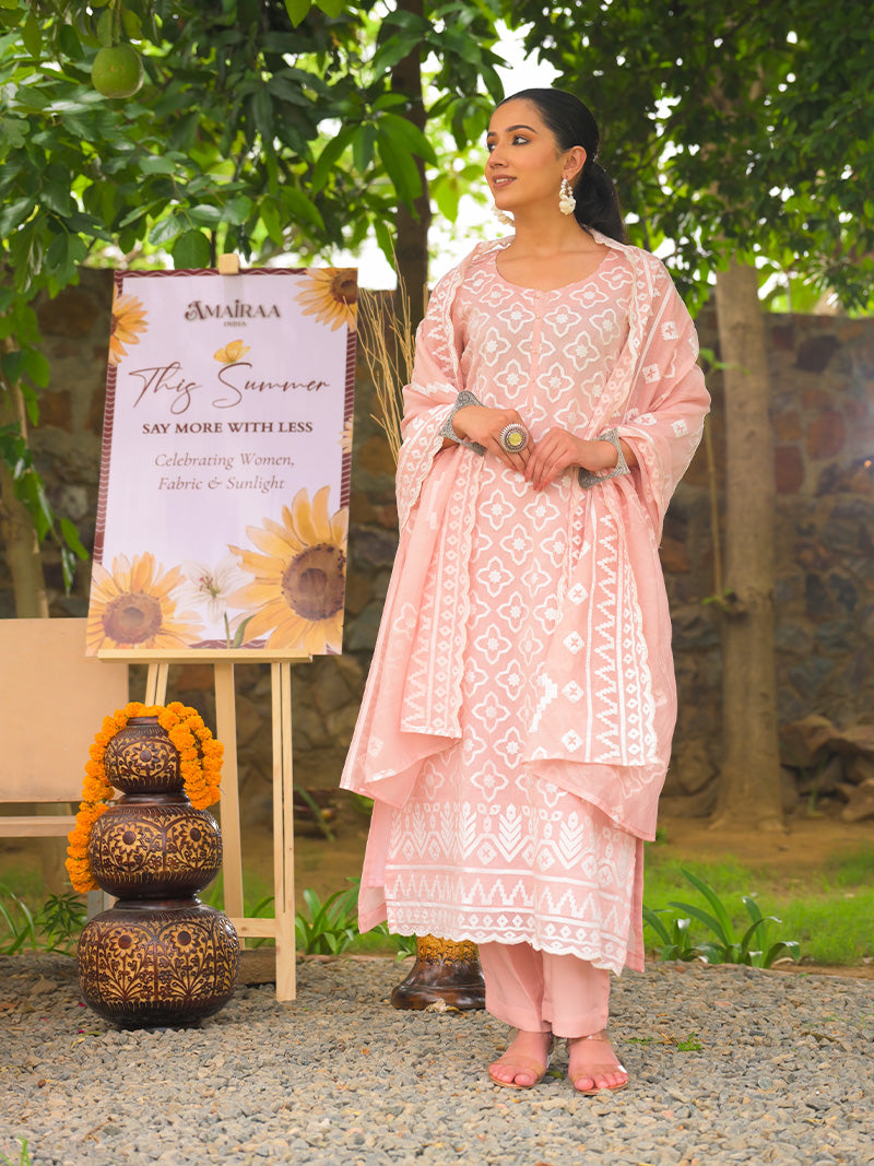 Mayra Pure Mul Chanderi Embroidered Kurta Set with Dupatta - Peachy Pink