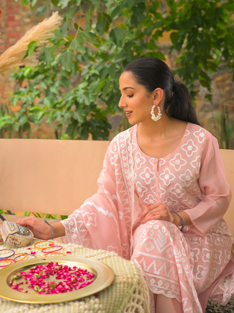 Mayra Pure Mul Chanderi Embroidered Kurta Set with Dupatta - Peachy Pink