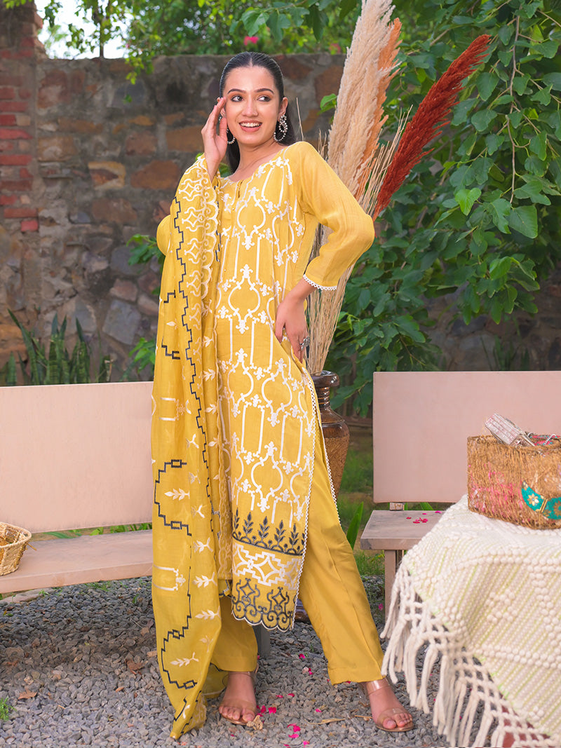 Navya Pure Mul Chanderi Embroidered Kurta Set with Dupatta - Sunset Mustard